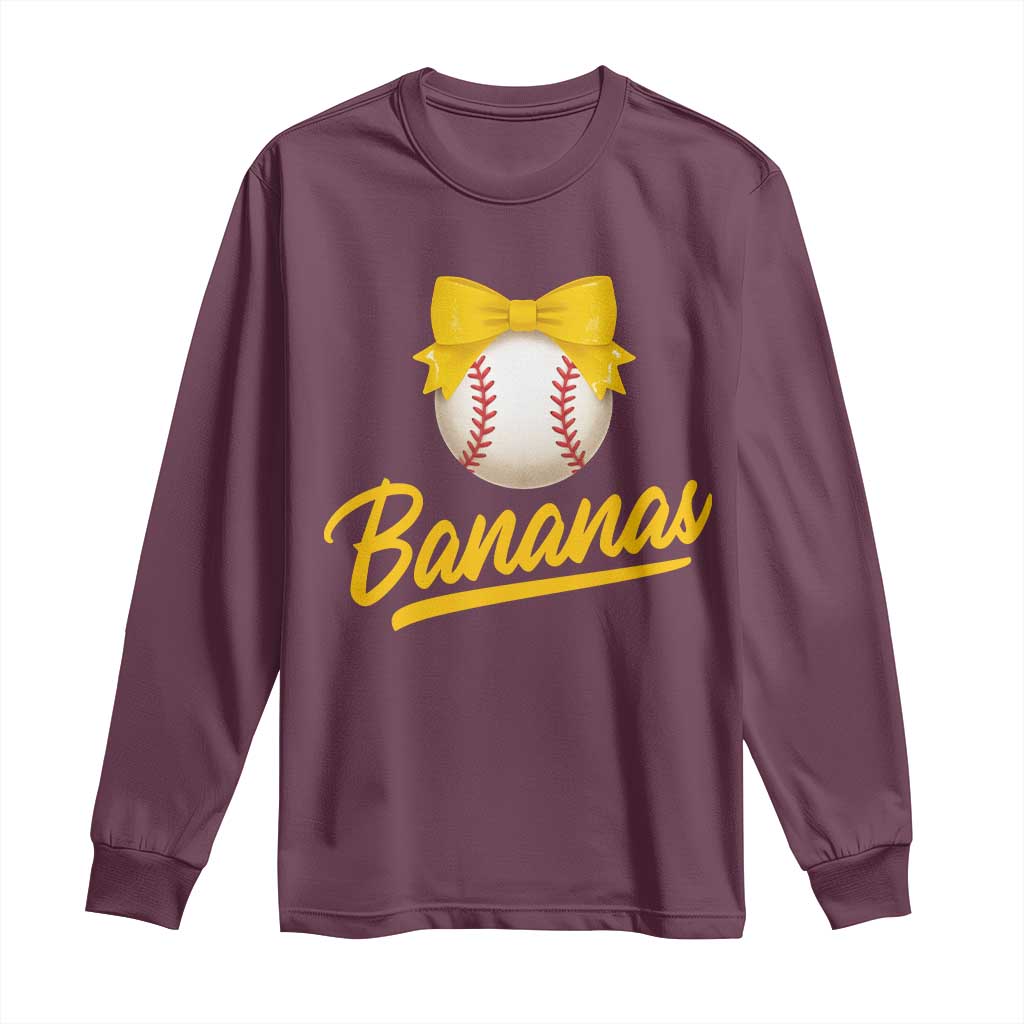 Bananas Coquette Bow Long Sleeve Shirt Banana Retro Popular Fruit Humor Cute Girls Kids TS10 Maroon Print Your Wear