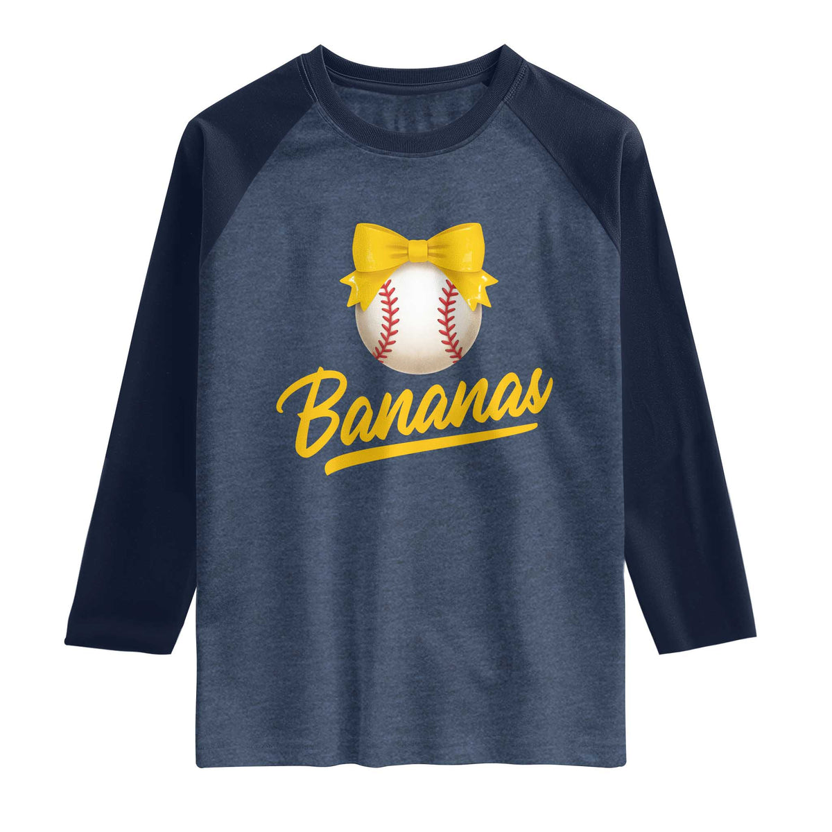 Bananas Coquette Bow Raglan Shirt Banana Retro Popular Fruit Humor Cute Girls Kids TS10 Heather Denim Navy Print Your Wear