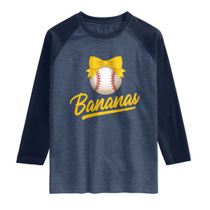 Bananas Coquette Bow Raglan Shirt Banana Retro Popular Fruit Humor Cute Girls Kids TS10 Heather Denim Navy Print Your Wear