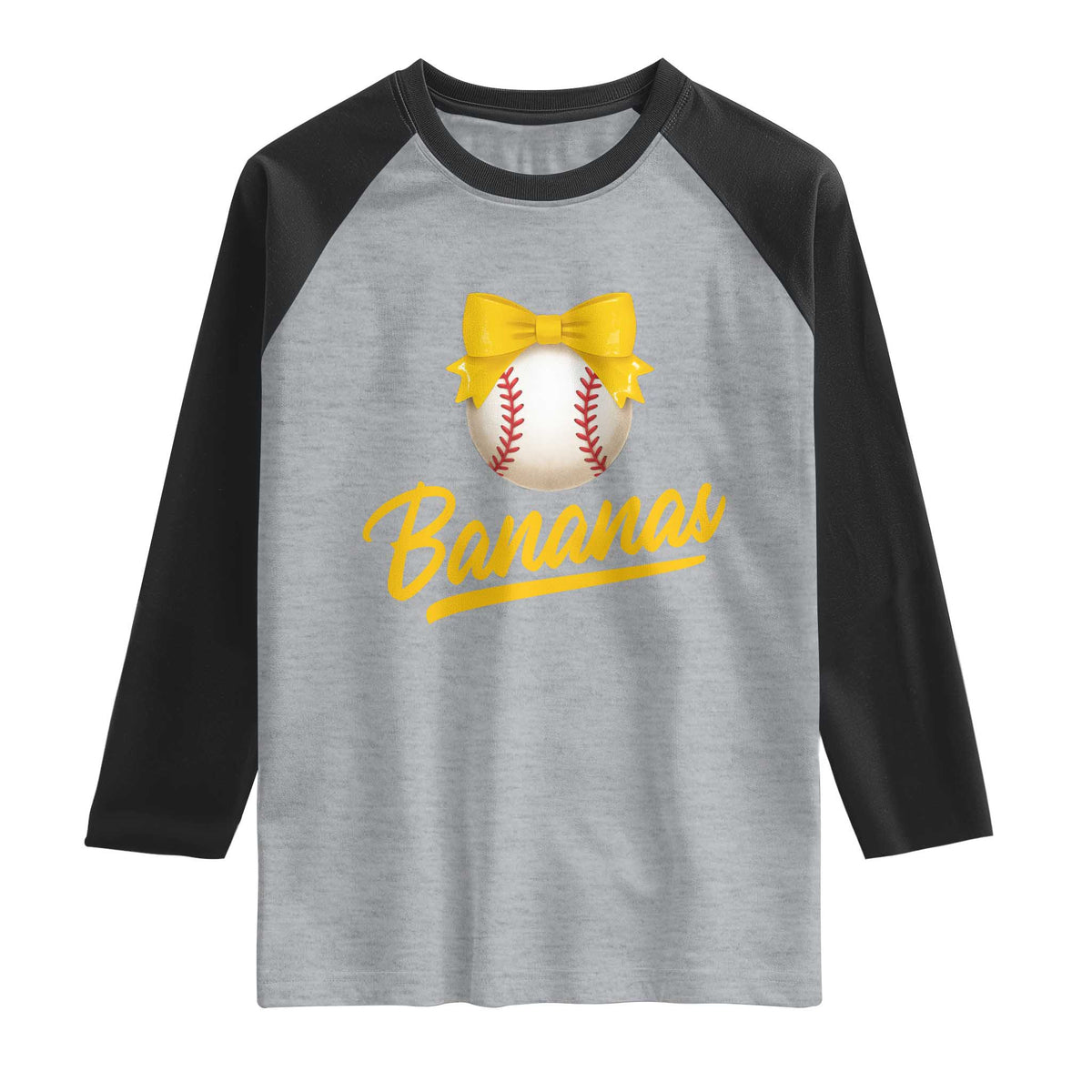 Bananas Coquette Bow Raglan Shirt Banana Retro Popular Fruit Humor Cute Girls Kids TS10 Heather Gray Black Print Your Wear