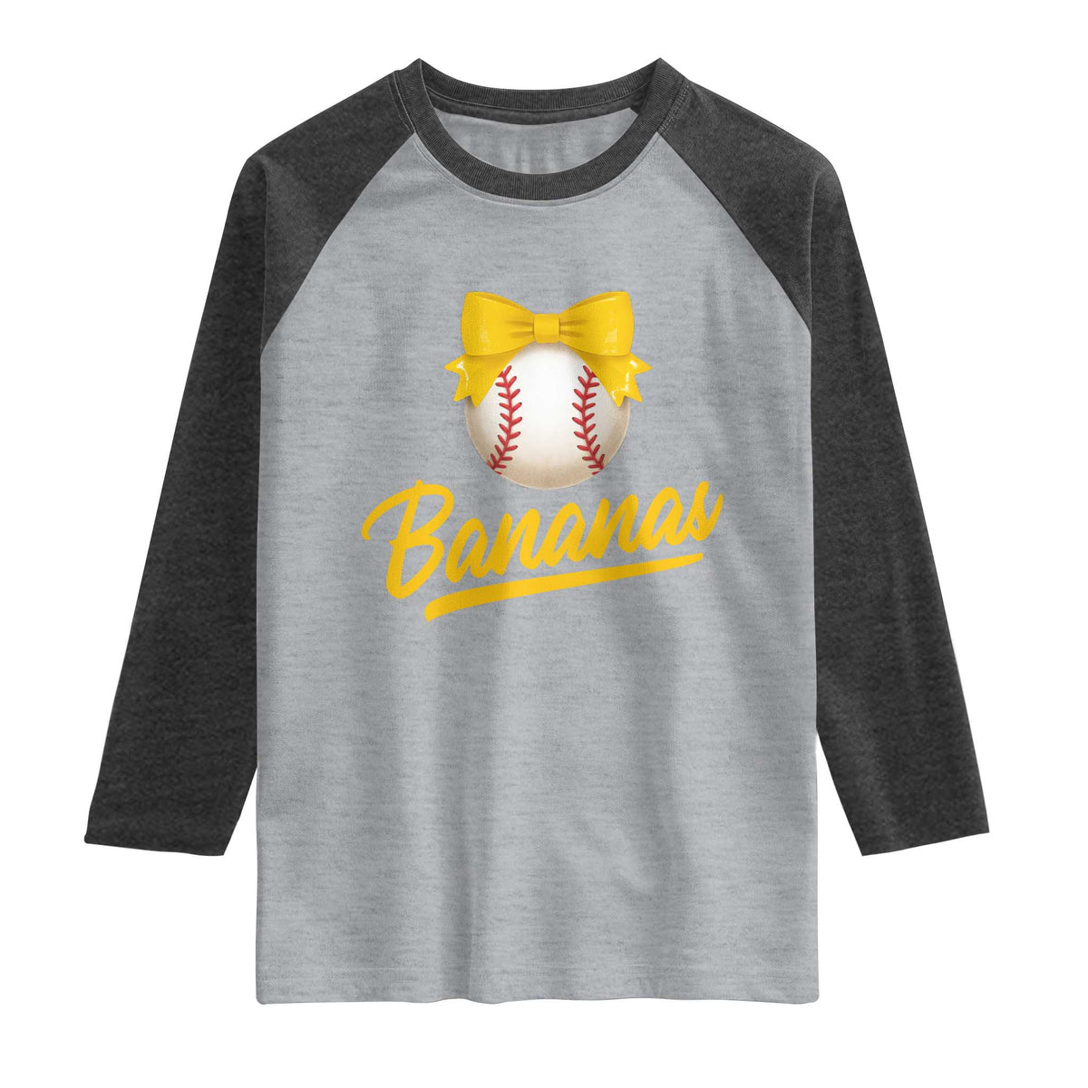 Bananas Coquette Bow Raglan Shirt Banana Retro Popular Fruit Humor Cute Girls Kids TS10 Heather Gray Heather Charcoal Print Your Wear