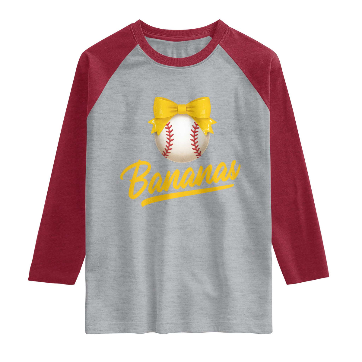 Bananas Coquette Bow Raglan Shirt Banana Retro Popular Fruit Humor Cute Girls Kids TS10 Heather Gray Heather Red Print Your Wear