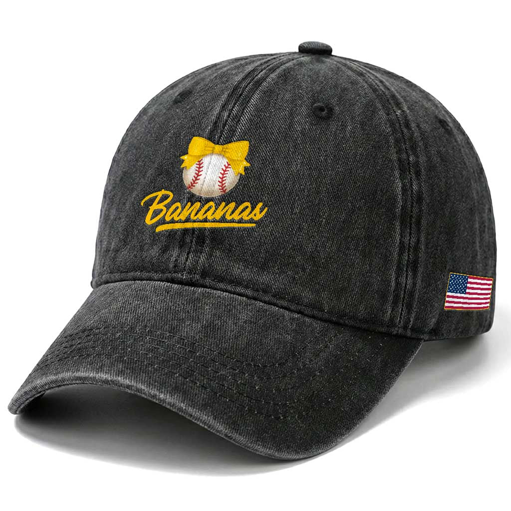 Bananas Coquette Bow Washed Cotton Baseball Cap Banana Retro Popular Fruit Humor Cute Girls Kids