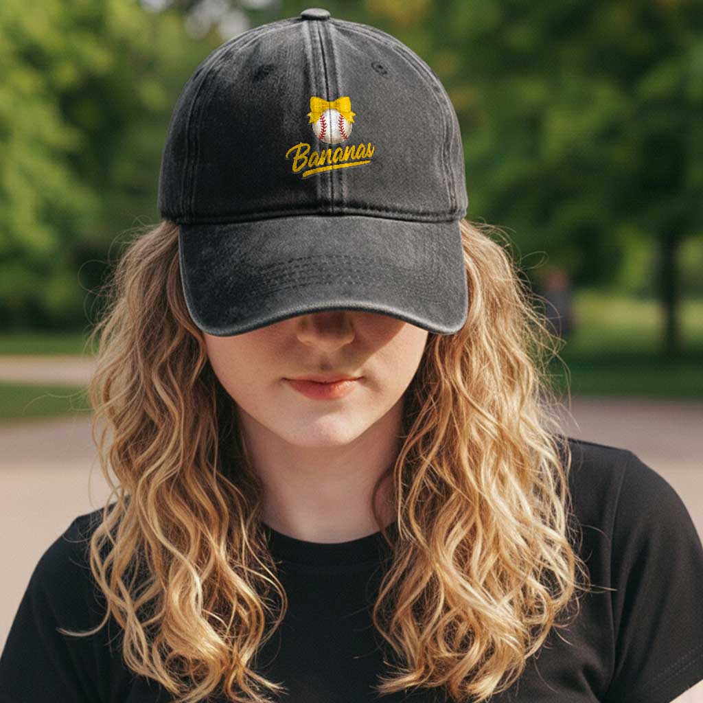 Bananas Coquette Bow Washed Cotton Baseball Cap Banana Retro Popular Fruit Humor Cute Girls Kids
