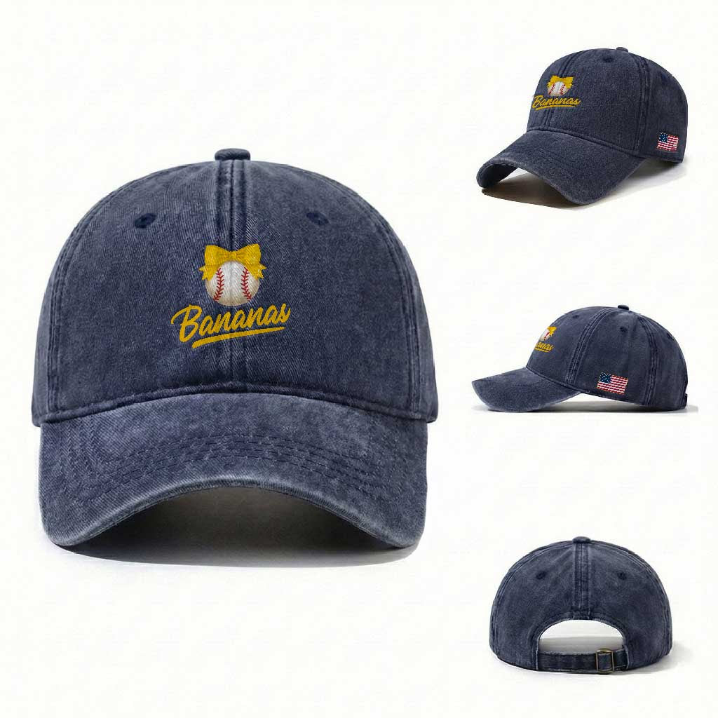 Bananas Coquette Bow Washed Cotton Baseball Cap Banana Retro Popular Fruit Humor Cute Girls Kids