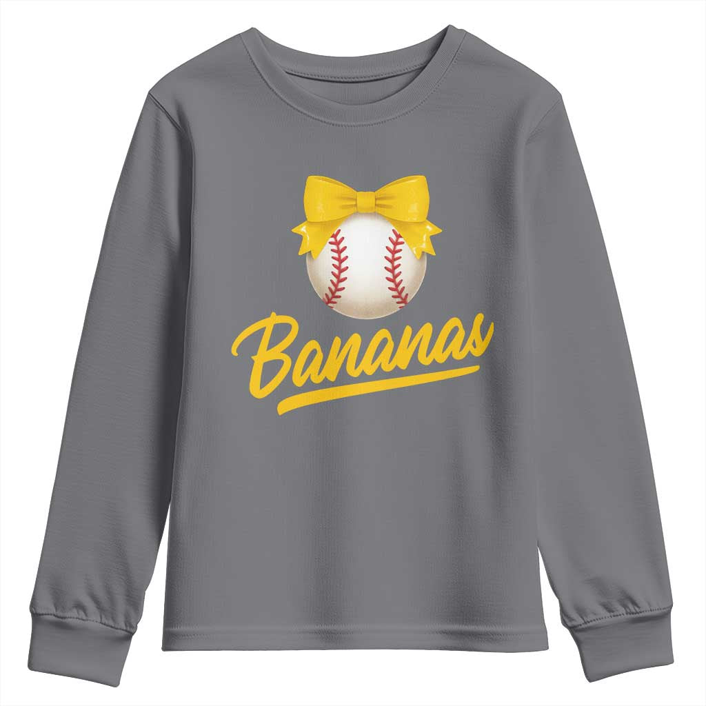 Bananas Coquette Bow Youth Sweatshirt Banana Retro Popular Fruit Humor Cute Girls Kids TS10 Charcoal Print Your Wear