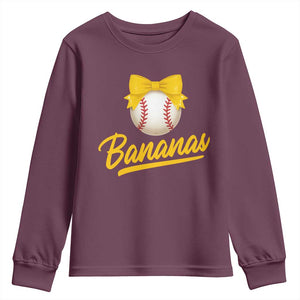 Bananas Coquette Bow Youth Sweatshirt Banana Retro Popular Fruit Humor Cute Girls Kids TS10 Maroon Print Your Wear