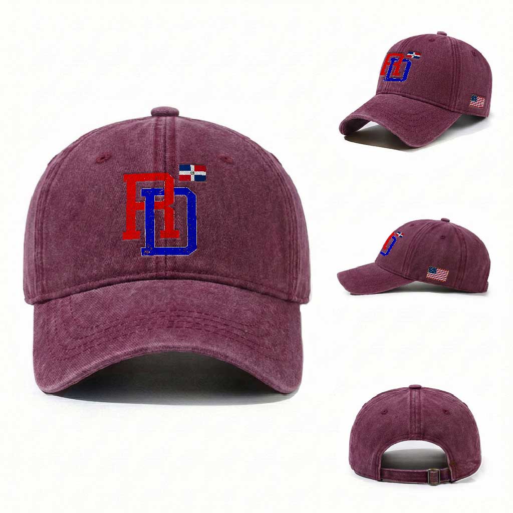 Dominican Republic Washed Cotton Baseball Cap Distressed RD Flag Dominican Pride TS10 Washed Cap Universal Fit Burgundy Print Your Wear