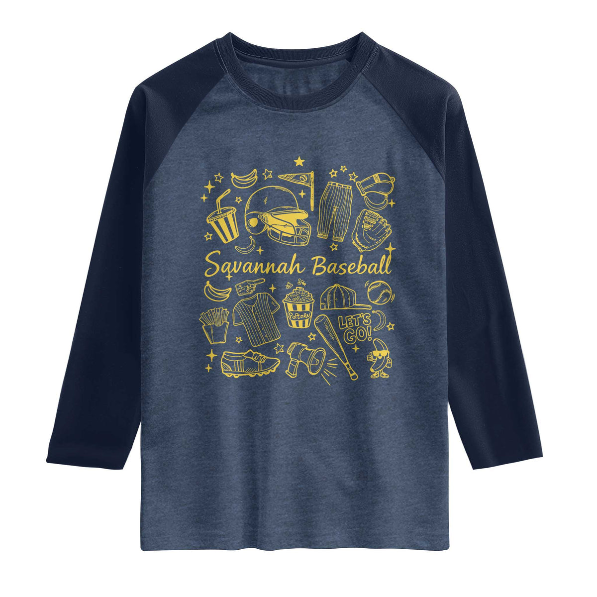 Bananas Baseball Raglan Shirt Cute Trendy Banana Baseball Game Day Doodle TS10 Heather Denim Navy Print Your Wear