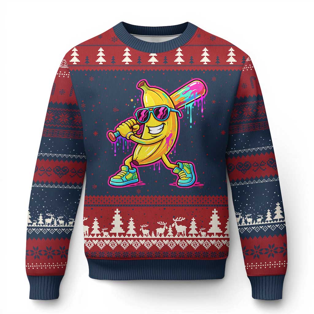 Banana Baseball Drip Ugly Christmas Sweater Funny Baseball Drip Ice Cream Kids Youth Boys TS10 Navy Red Print Your Wear