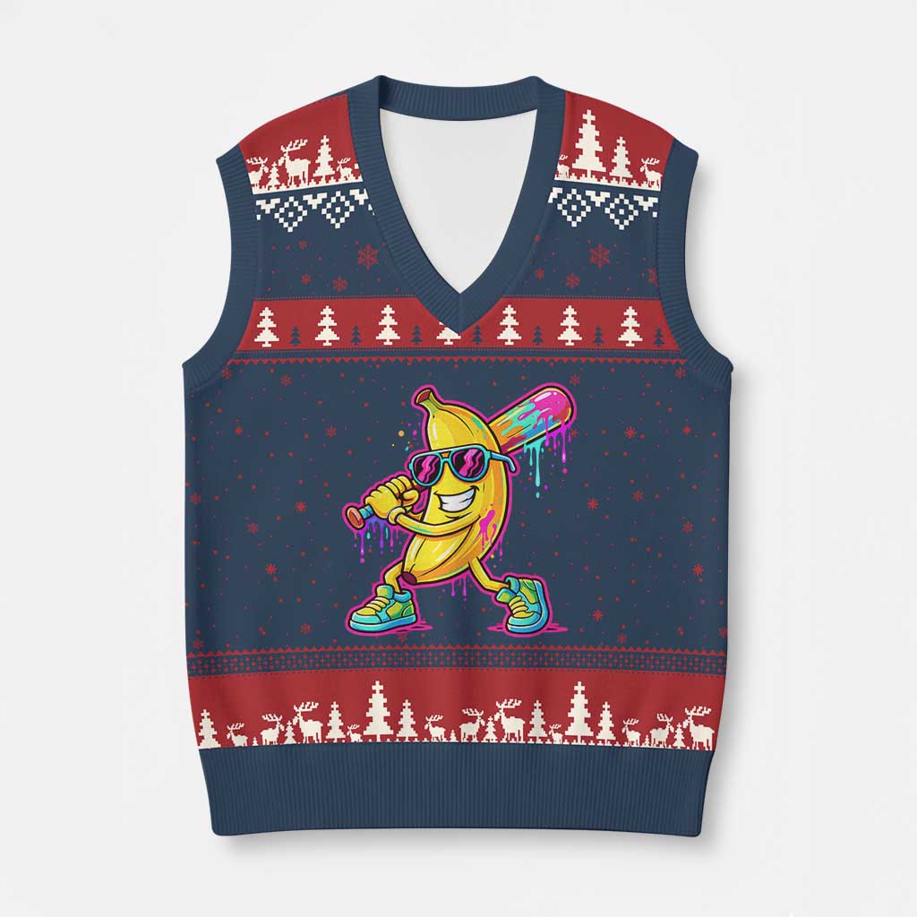 Banana Baseball Drip V-Neck Knit Sweater Vest Funny Baseball Drip Ice Cream Kids Youth Boys TS10 Navy Red Print Your Wear