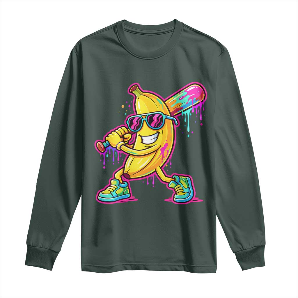 Banana Baseball Drip Long Sleeve Shirt Funny Baseball Drip Ice Cream Kids Youth Boys TS10 Dark Forest Green Print Your Wear