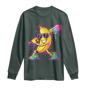 Banana Baseball Drip Long Sleeve Shirt Funny Baseball Drip Ice Cream Kids Youth Boys TS10 Dark Forest Green Print Your Wear