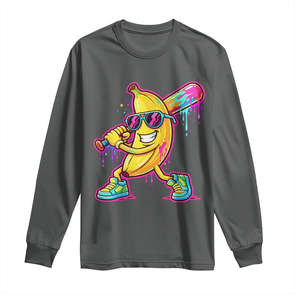 Banana Baseball Drip Long Sleeve Shirt Funny Baseball Drip Ice Cream Kids Youth Boys TS10 Dark Heather Print Your Wear