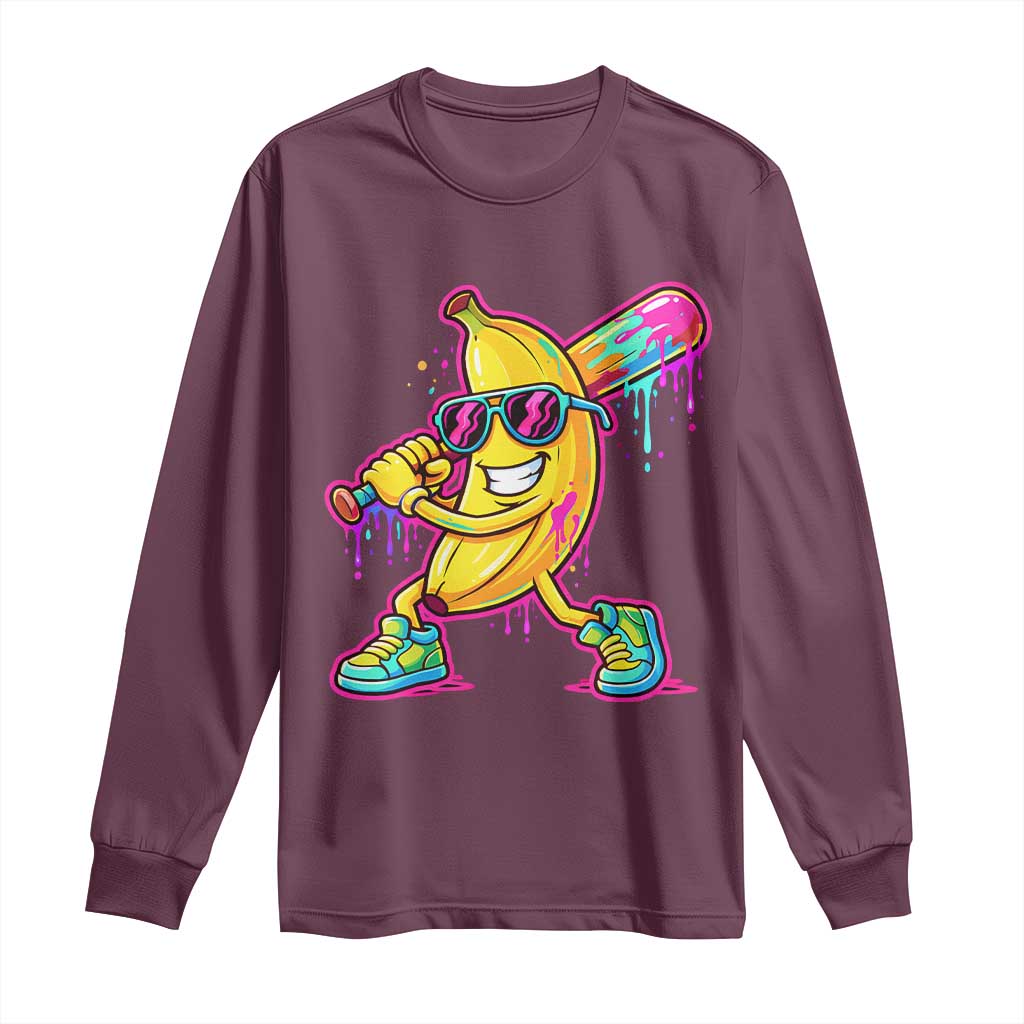 Banana Baseball Drip Long Sleeve Shirt Funny Baseball Drip Ice Cream Kids Youth Boys TS10 Maroon Print Your Wear