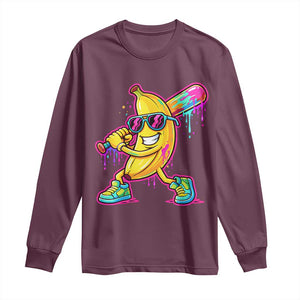 Banana Baseball Drip Long Sleeve Shirt Funny Baseball Drip Ice Cream Kids Youth Boys TS10 Maroon Print Your Wear