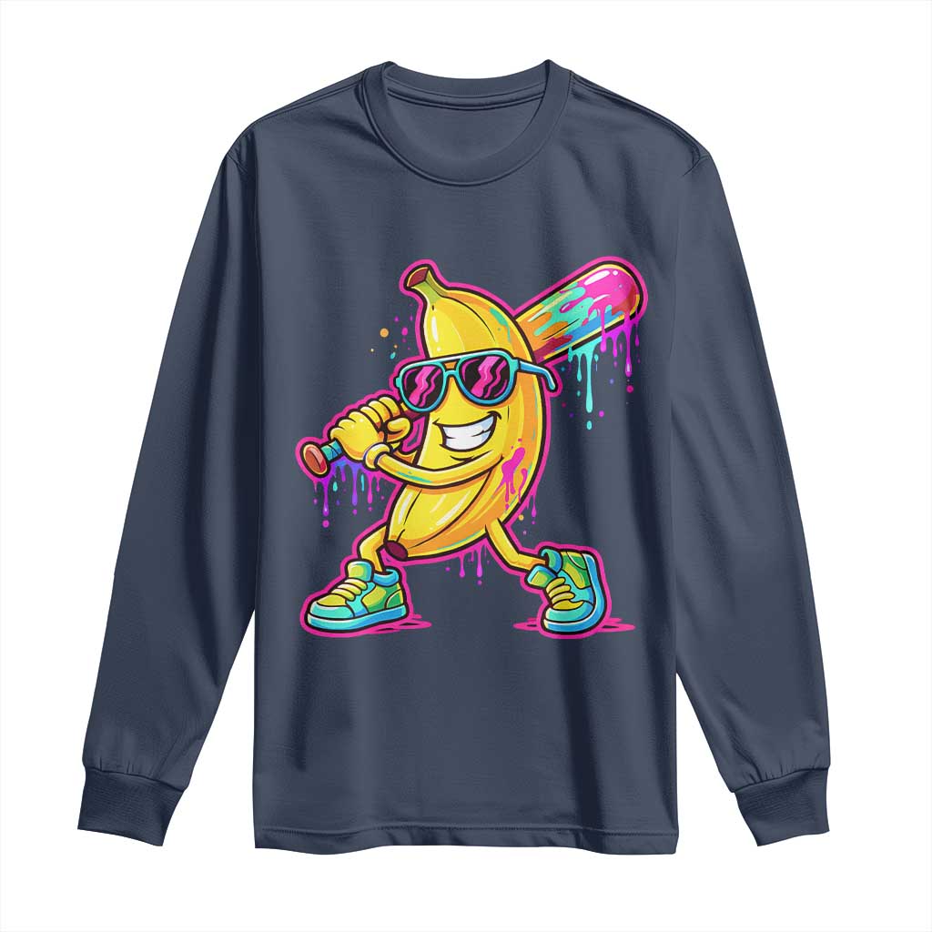 Banana Baseball Drip Long Sleeve Shirt Funny Baseball Drip Ice Cream Kids Youth Boys TS10 Navy Print Your Wear