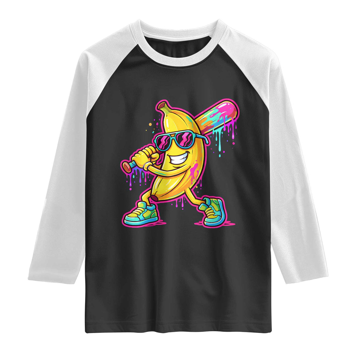 Banana Baseball Drip Raglan Shirt Funny Baseball Drip Ice Cream Kids Youth Boys TS10 Black White Print Your Wear
