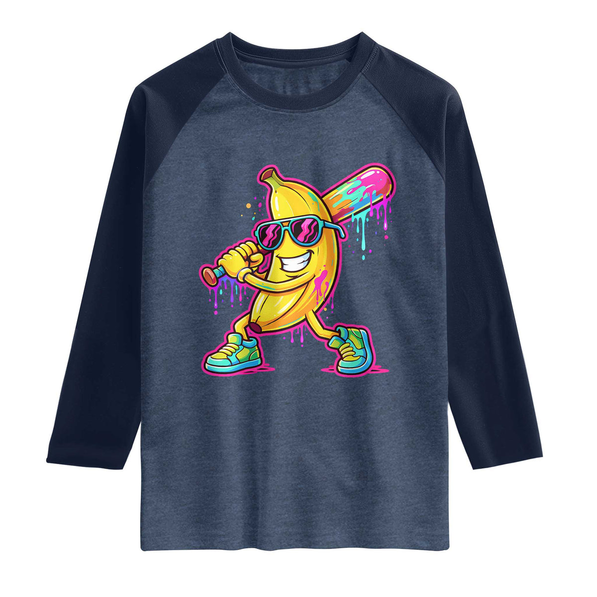 Banana Baseball Drip Raglan Shirt Funny Baseball Drip Ice Cream Kids Youth Boys TS10 Heather Denim Navy Print Your Wear