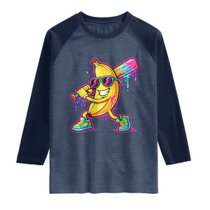 Banana Baseball Drip Raglan Shirt Funny Baseball Drip Ice Cream Kids Youth Boys TS10 Heather Denim Navy Print Your Wear