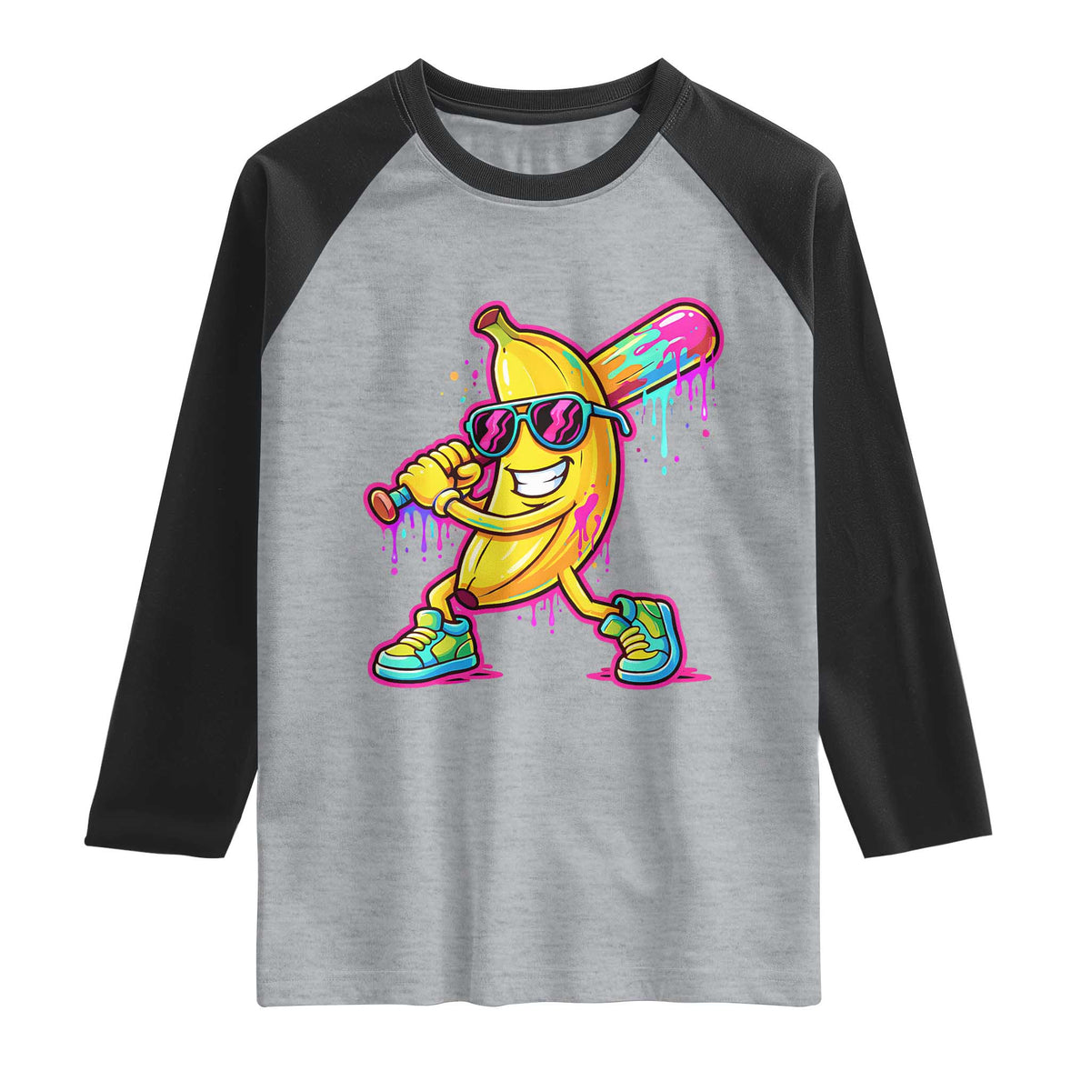 Banana Baseball Drip Raglan Shirt Funny Baseball Drip Ice Cream Kids Youth Boys TS10 Heather Gray Black Print Your Wear