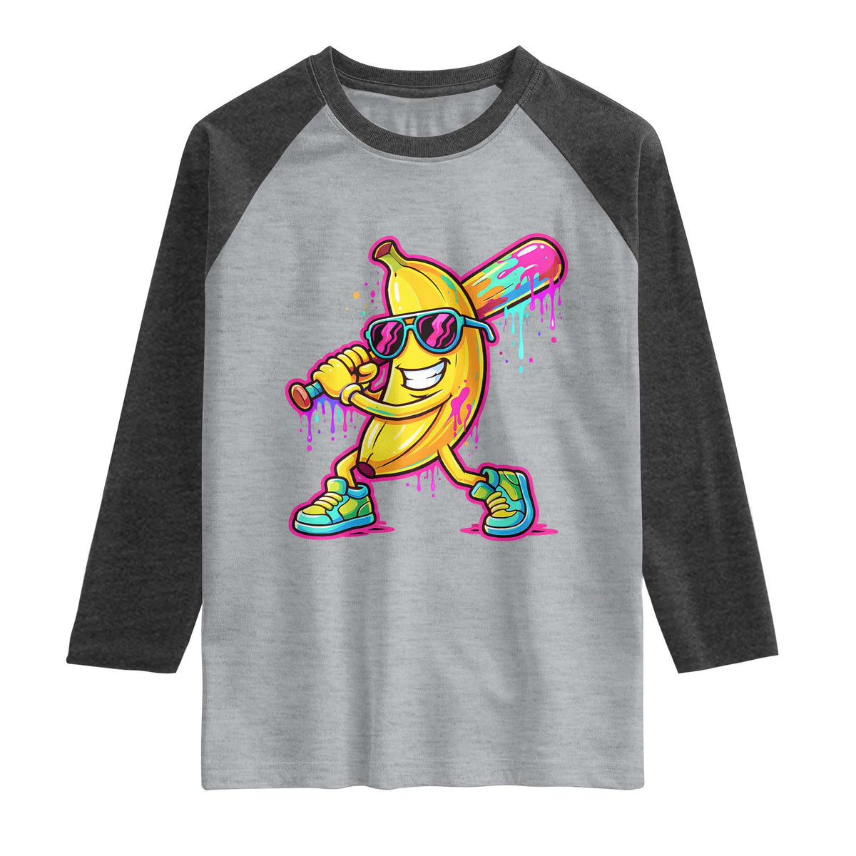 Banana Baseball Drip Raglan Shirt Funny Baseball Drip Ice Cream Kids Youth Boys TS10 Heather Gray Heather Charcoal Print Your Wear