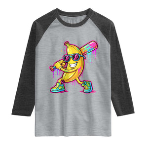 Banana Baseball Drip Raglan Shirt Funny Baseball Drip Ice Cream Kids Youth Boys TS10 Heather Gray Heather Charcoal Print Your Wear