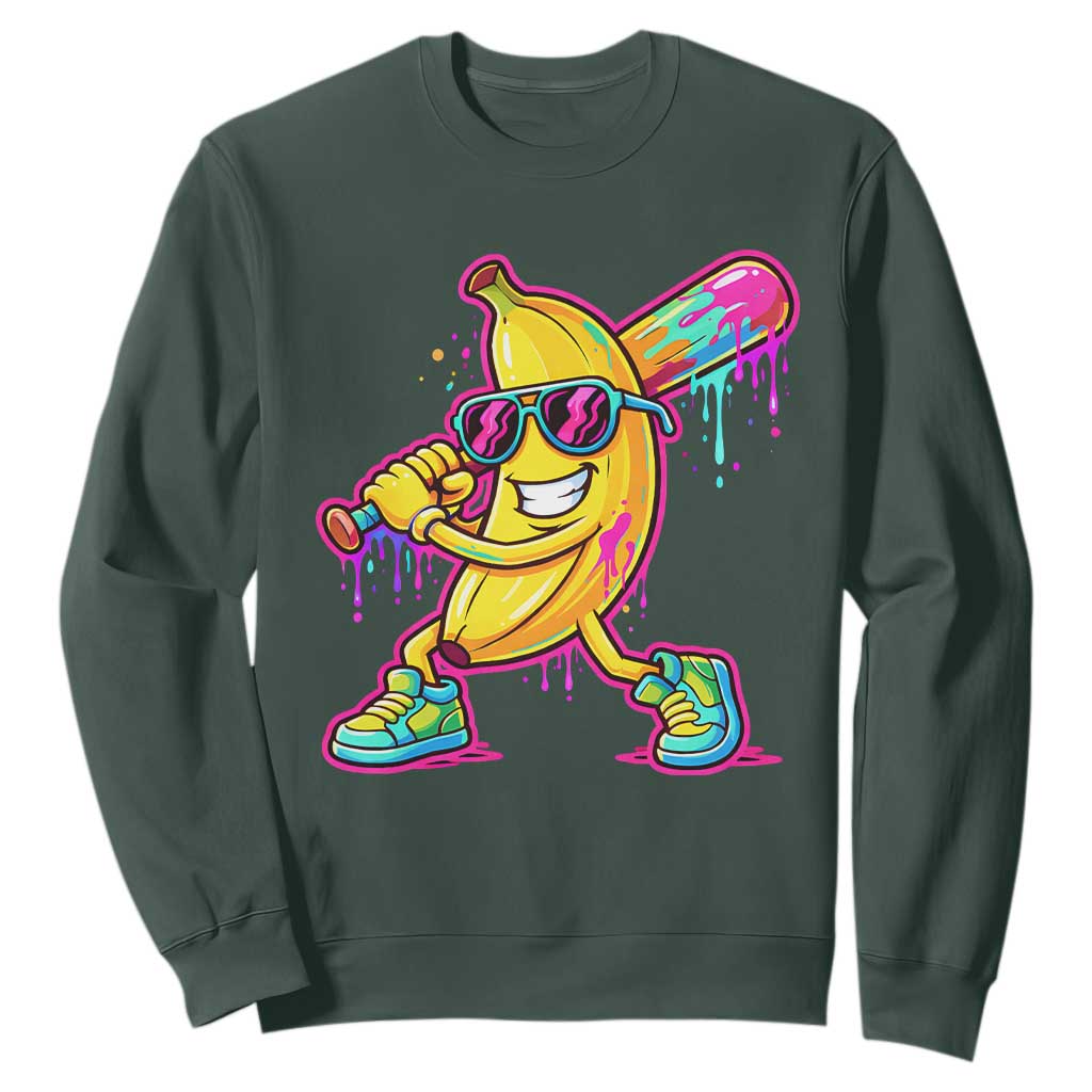 Banana Baseball Drip Sweatshirt Funny Baseball Drip Ice Cream Kids Youth Boys TS10 Dark Forest Green Print Your Wear