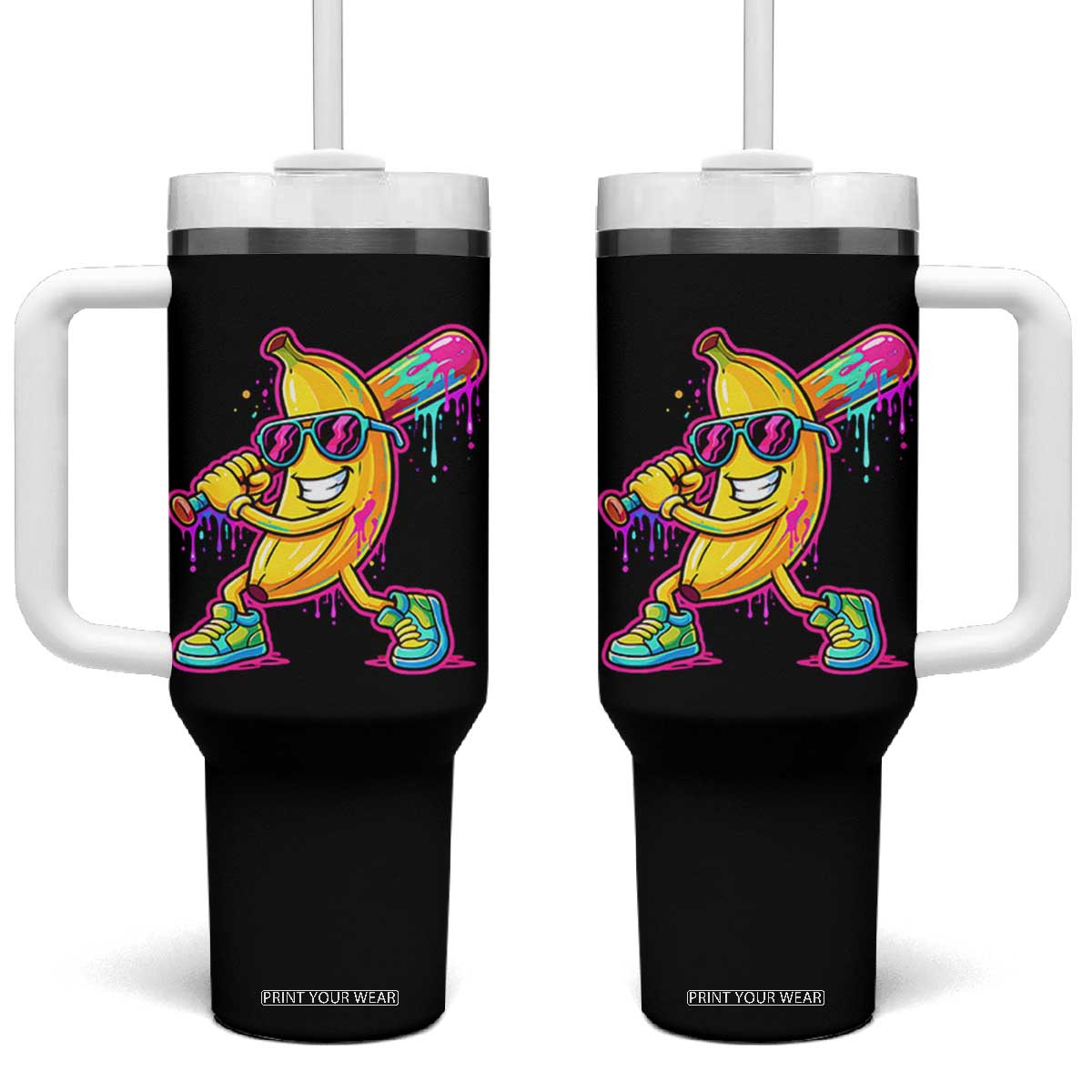 Banana Baseball Drip Tumbler With Handle Funny Baseball Drip Ice Cream Kids Youth Boys TS10 One Size: 40 oz Black Print Your Wear
