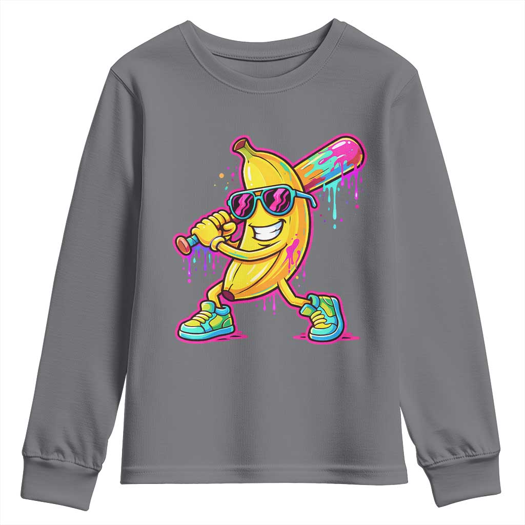 Banana Baseball Drip Youth Sweatshirt Funny Baseball Drip Ice Cream Kids Youth Boys TS10 Charcoal Print Your Wear