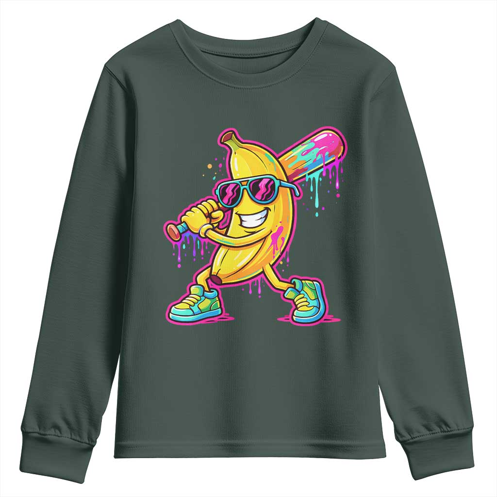 Banana Baseball Drip Youth Sweatshirt Funny Baseball Drip Ice Cream Kids Youth Boys TS10 Dark Forest Green Print Your Wear