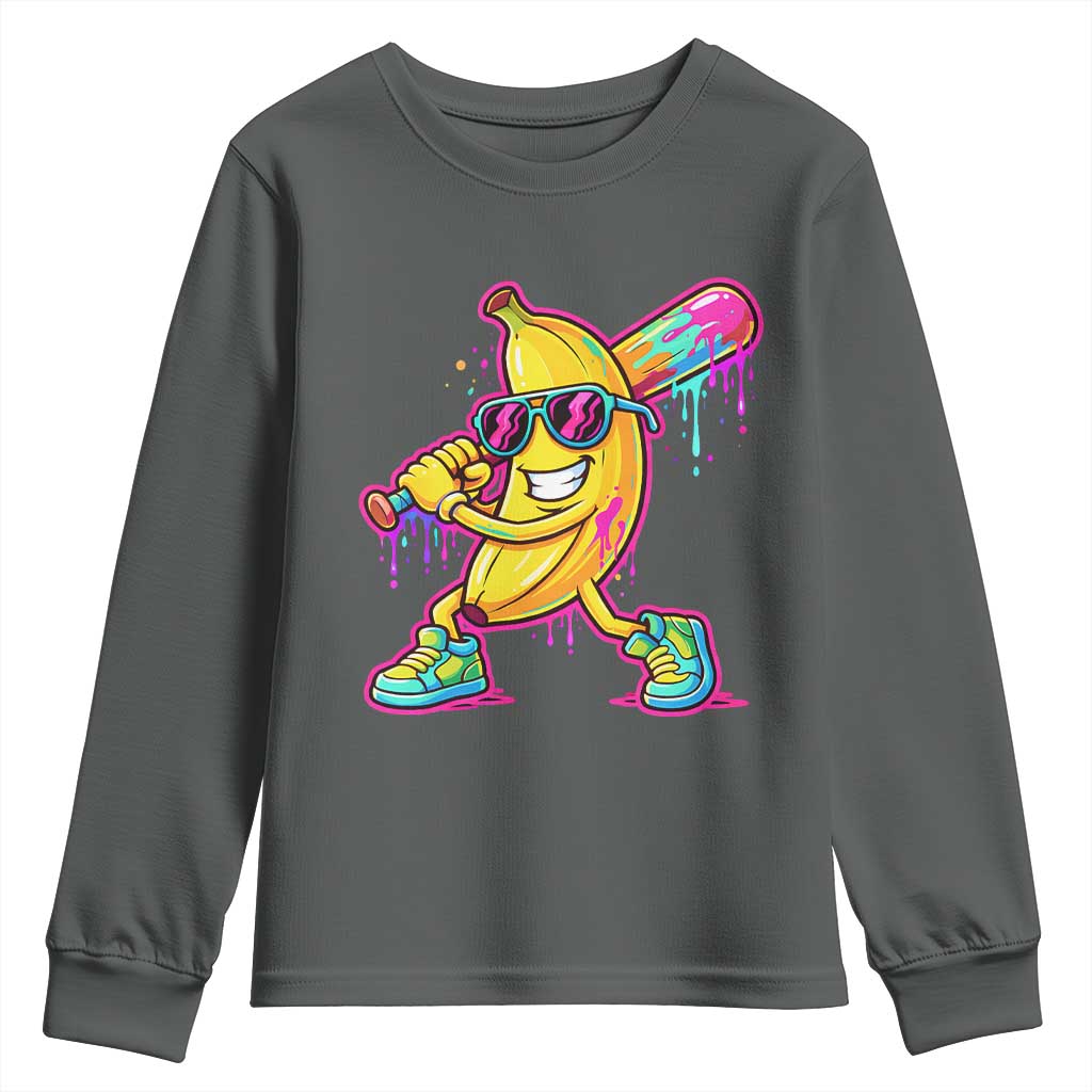 Banana Baseball Drip Youth Sweatshirt Funny Baseball Drip Ice Cream Kids Youth Boys TS10 Dark Heather Print Your Wear