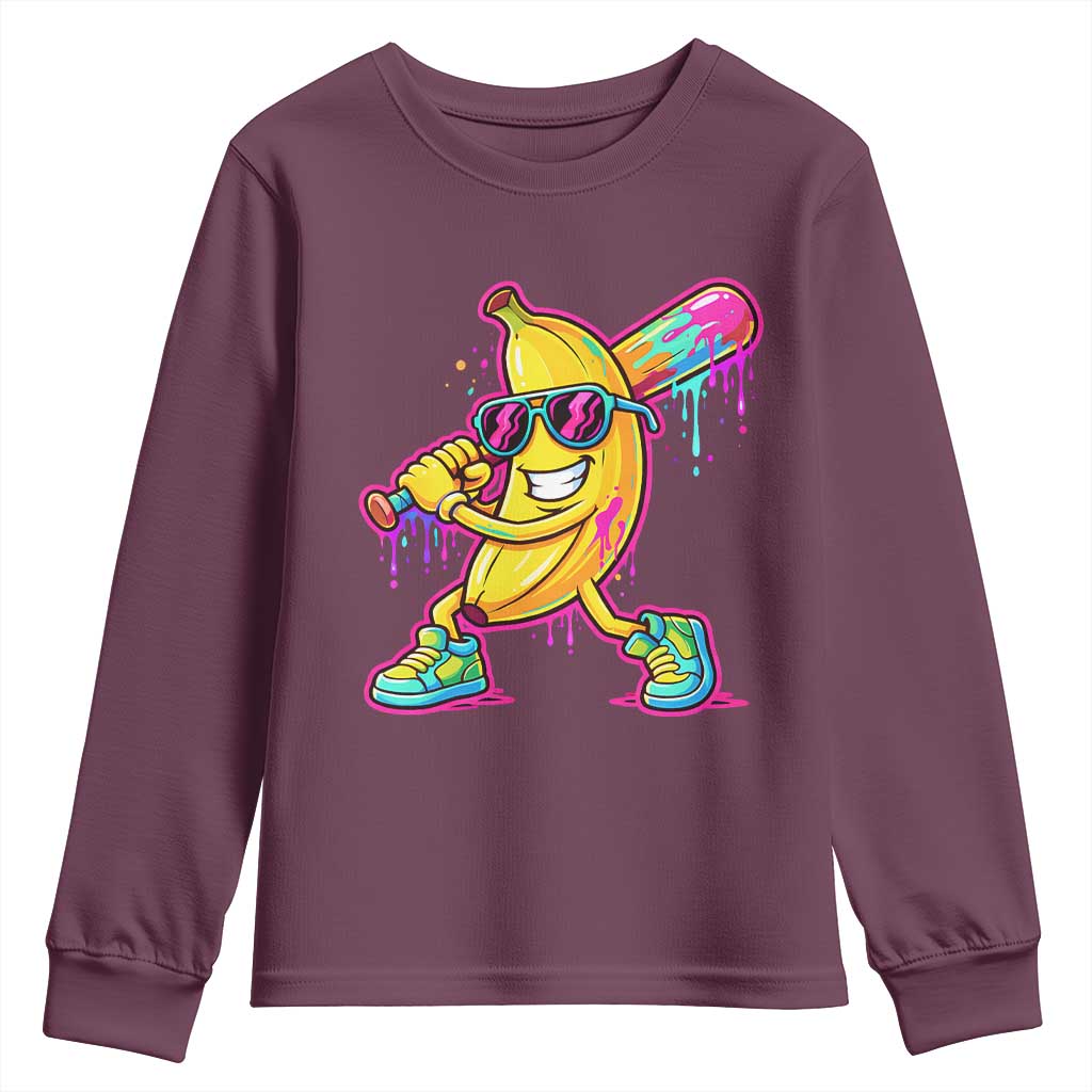 Banana Baseball Drip Youth Sweatshirt Funny Baseball Drip Ice Cream Kids Youth Boys TS10 Maroon Print Your Wear