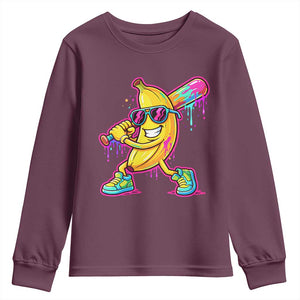 Banana Baseball Drip Youth Sweatshirt Funny Baseball Drip Ice Cream Kids Youth Boys TS10 Maroon Print Your Wear