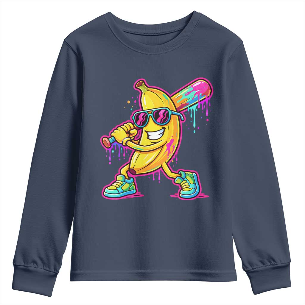 Banana Baseball Drip Youth Sweatshirt Funny Baseball Drip Ice Cream Kids Youth Boys TS10 Navy Print Your Wear