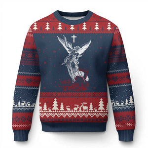 Saint Michael The Archangel Defeating Satan Ugly Christmas Sweater TS10 Navy Red Print Your Wear