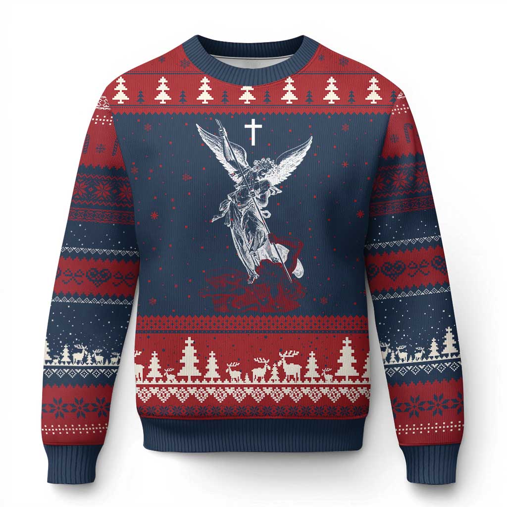 Saint Michael The Archangel Defeating Satan Ugly Christmas Sweater TS10 Navy Red Print Your Wear