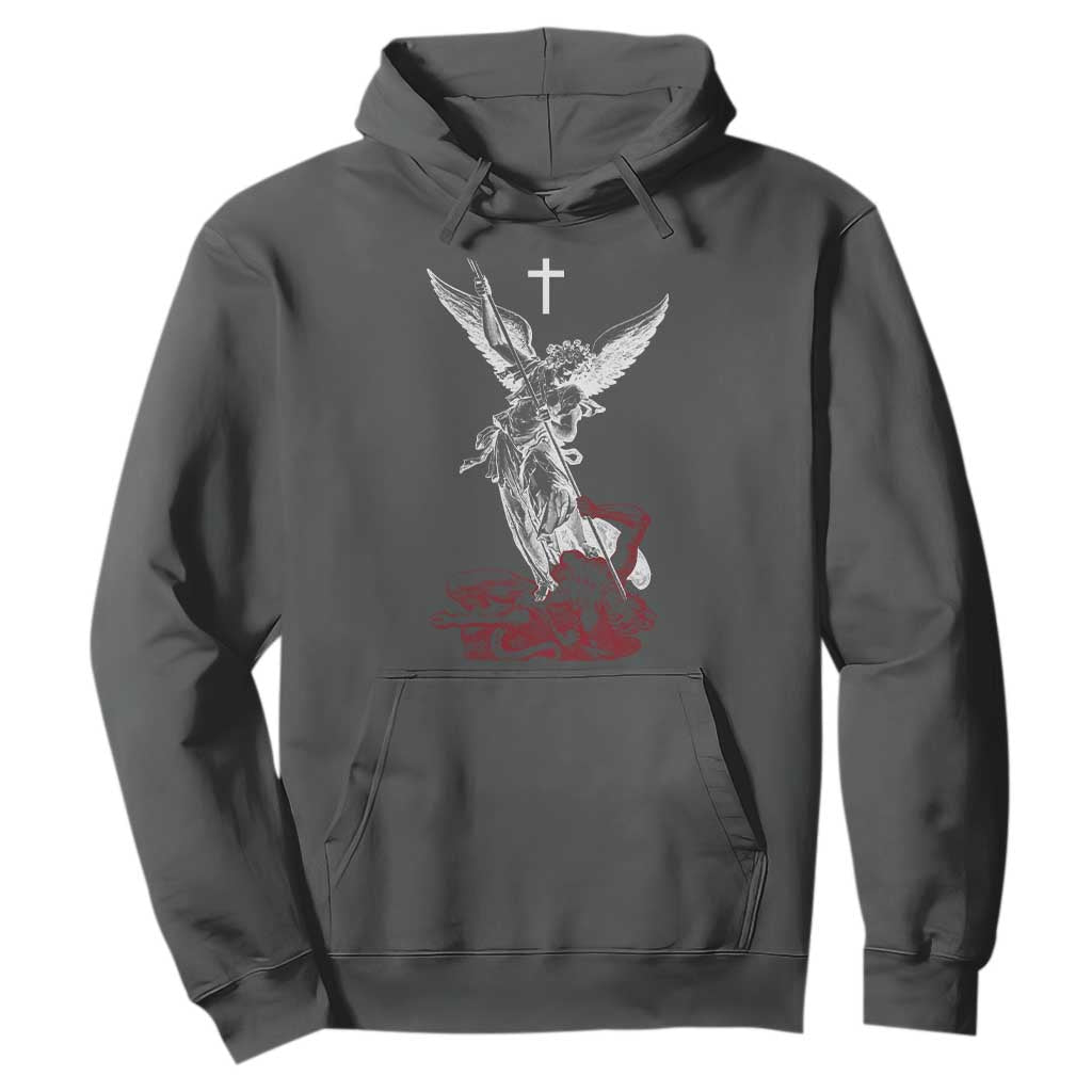 Saint Michael The Archangel Defeating Satan Hoodie TS10 Dark Heather Print Your Wear
