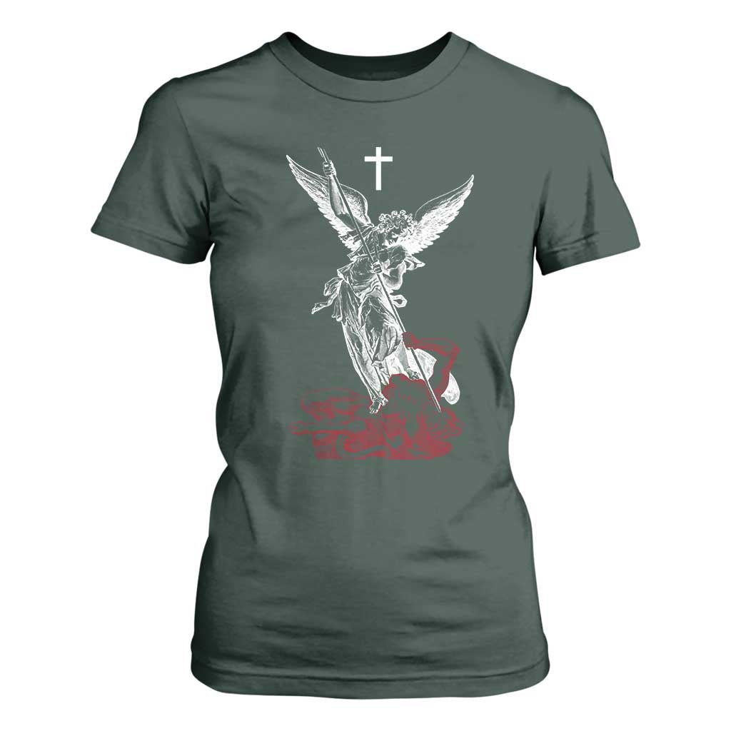 Saint Michael The Archangel Defeating Satan T Shirt For Women TS10 Dark Forest Green Print Your Wear