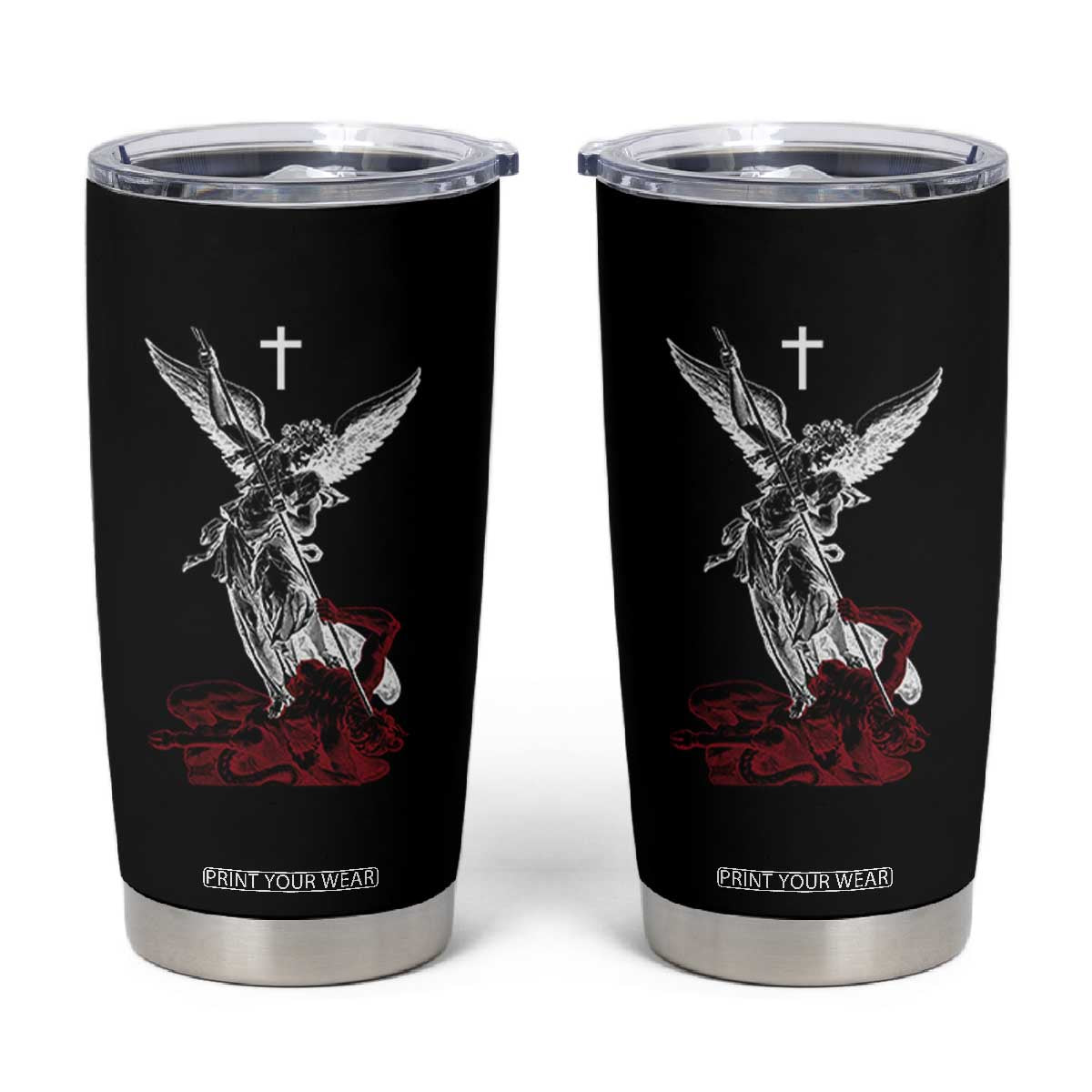Saint Michael The Archangel Defeating Satan Tumbler Cup TS10 Black Print Your Wear