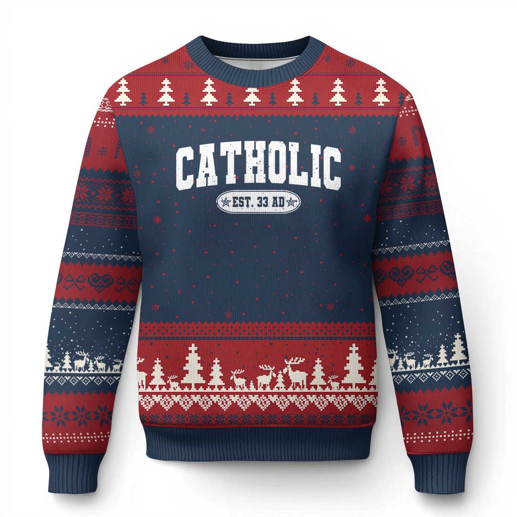 Catholic Since 33 AD Ugly Christmas Sweater Vintage Varsity Crucifix Jesus Eucharist Christianity TS10 Navy Red Print Your Wear