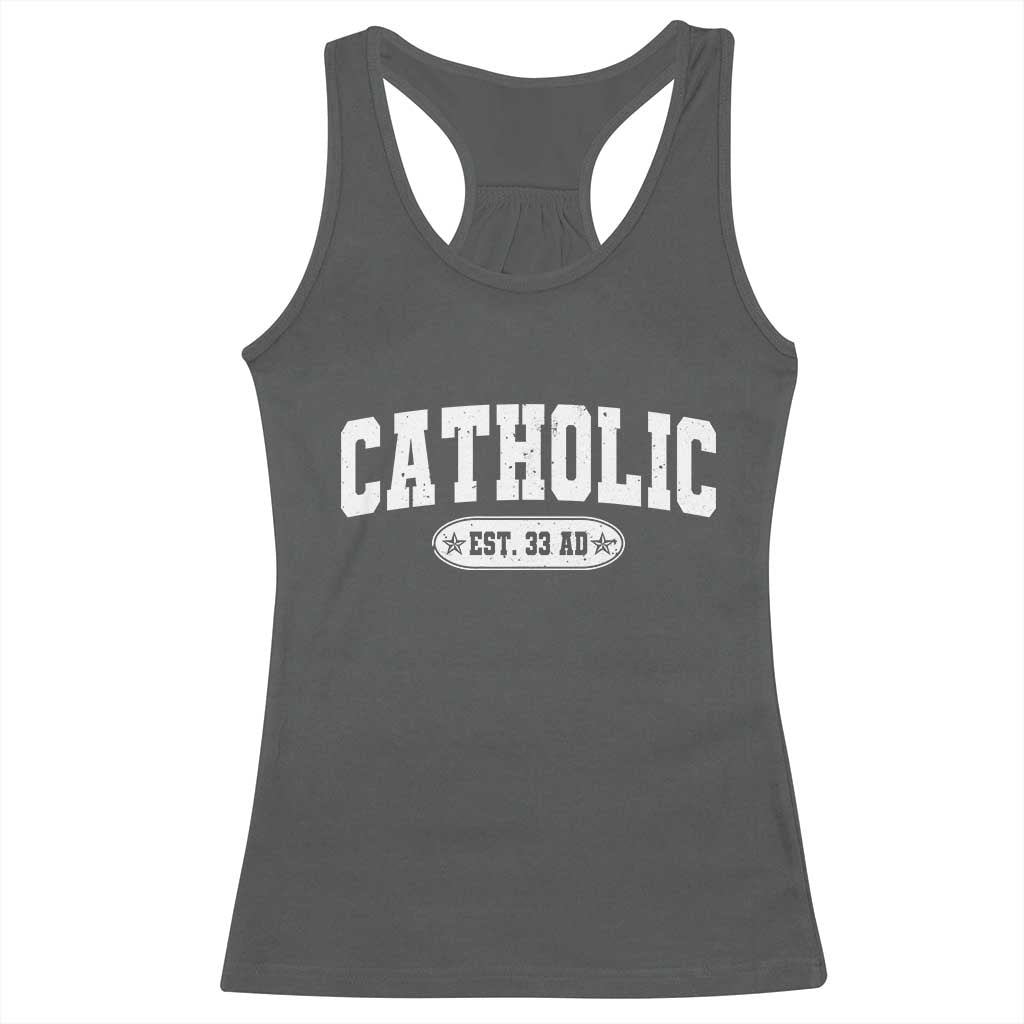 Catholic Since 33 AD Racerback Tank Top Vintage Varsity Crucifix Jesus Eucharist Christianity TS10 Dark Heather Print Your Wear