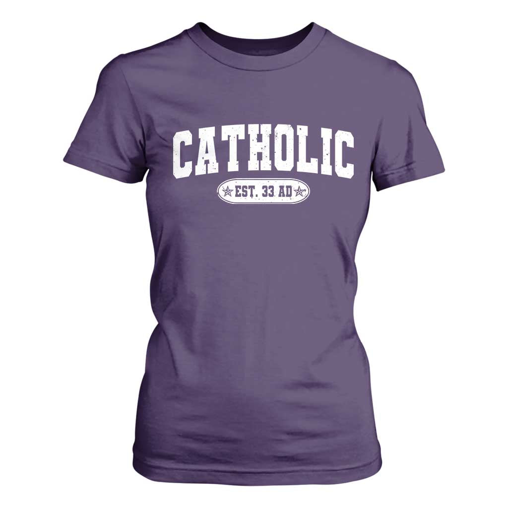 Catholic Since 33 AD T Shirt For Women Vintage Varsity Crucifix Jesus Eucharist Christianity TS10 Purple Print Your Wear