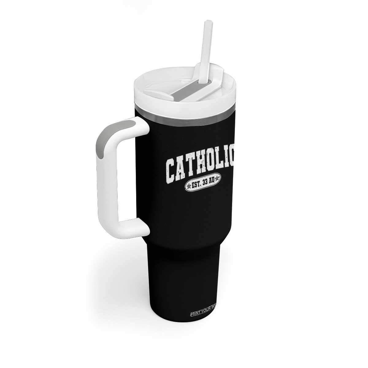 Catholic Since 33 AD Tumbler With Handle Vintage Varsity Crucifix Jesus Eucharist Christianity TS10 Print Your Wear