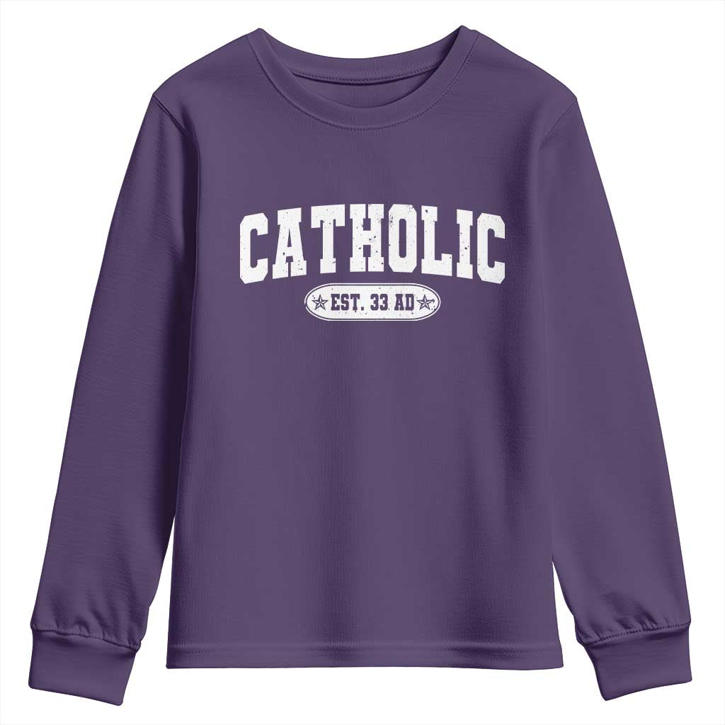Catholic Since 33 AD Youth Sweatshirt Vintage Varsity Crucifix Jesus Eucharist Christianity TS10 Purple Print Your Wear