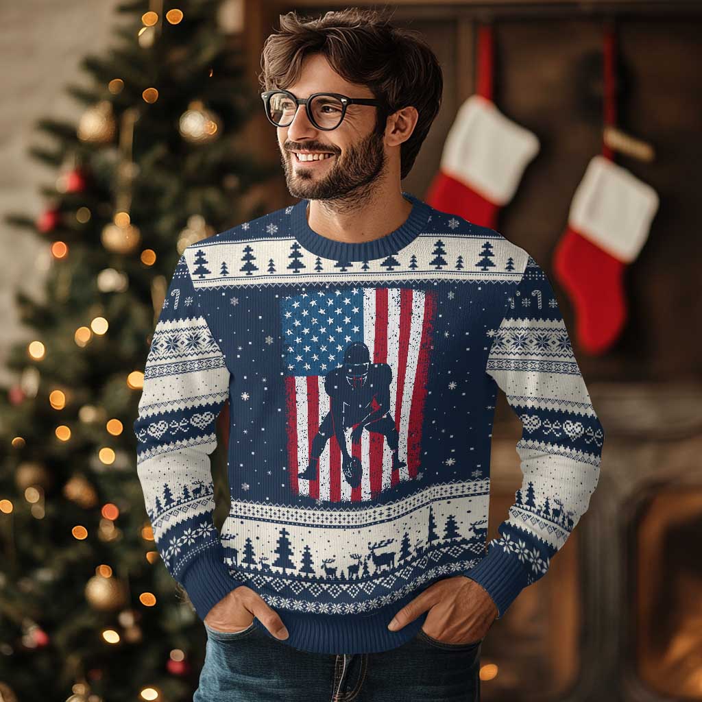 American Flag Football Ugly Christmas Sweater Cool Distressed Vintage Patriotic Football Player TS10 Navy Beige Print Your Wear