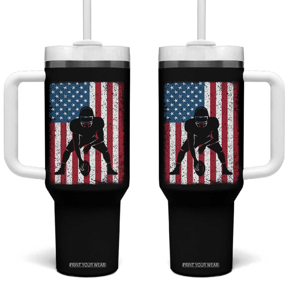 American Flag Football Tumbler With Handle Cool Distressed Vintage Patriotic Football Player TS10 One Size: 40 oz Black Print Your Wear