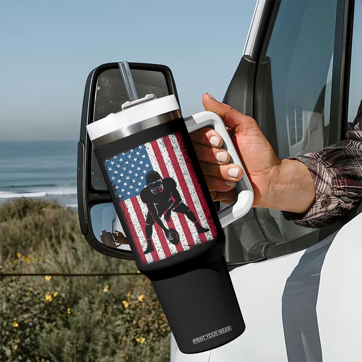 American Flag Football Tumbler With Handle Cool Distressed Vintage Patriotic Football Player TS10 Print Your Wear