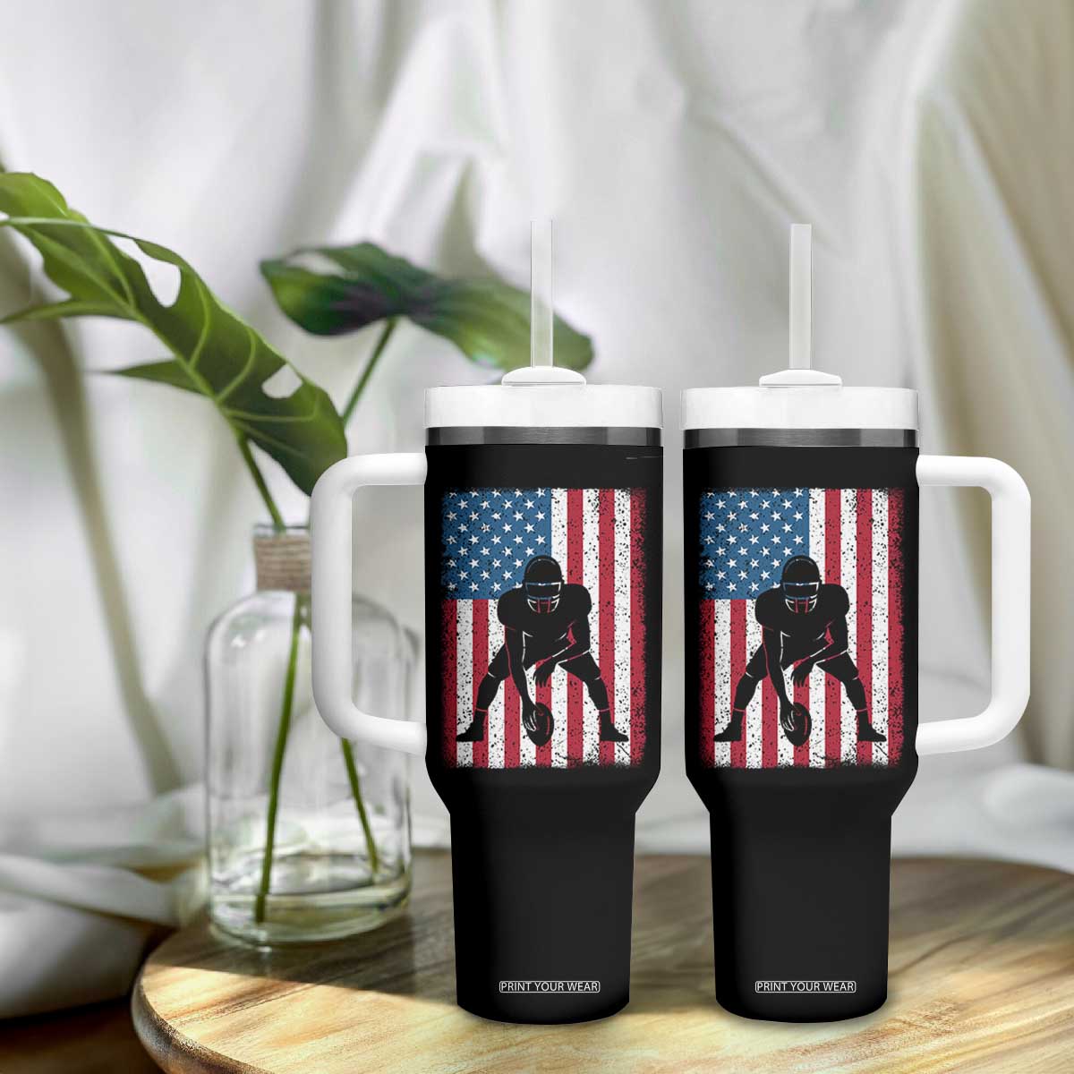 American Flag Football Tumbler With Handle Cool Distressed Vintage Patriotic Football Player TS10 Print Your Wear