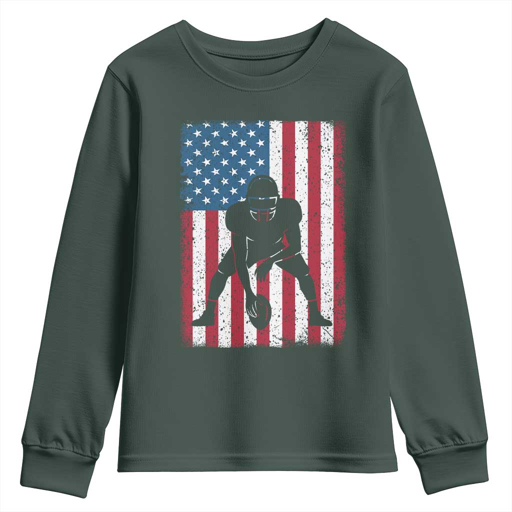 American Flag Football Youth Sweatshirt Cool Distressed Vintage Patriotic Football Player TS10 Dark Forest Green Print Your Wear